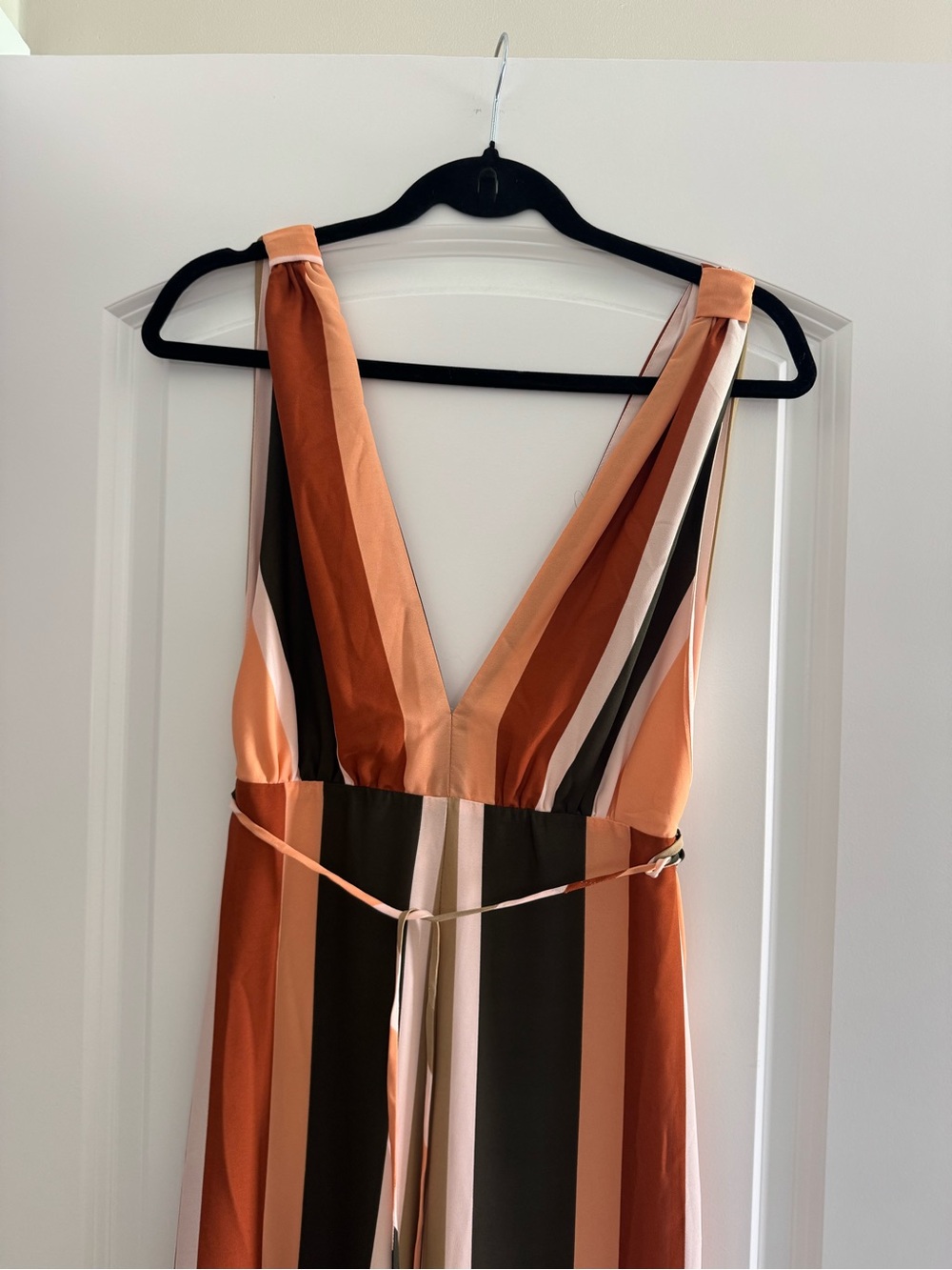 Striped V-Neck Wide-Leg Jumpsuit in Rust Multi - Picture 3 of 8